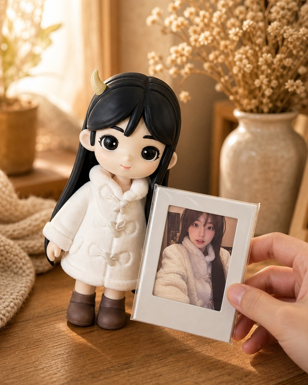 Custom birthday chibi figurine made from a photo beside the printed photo on a warm home table