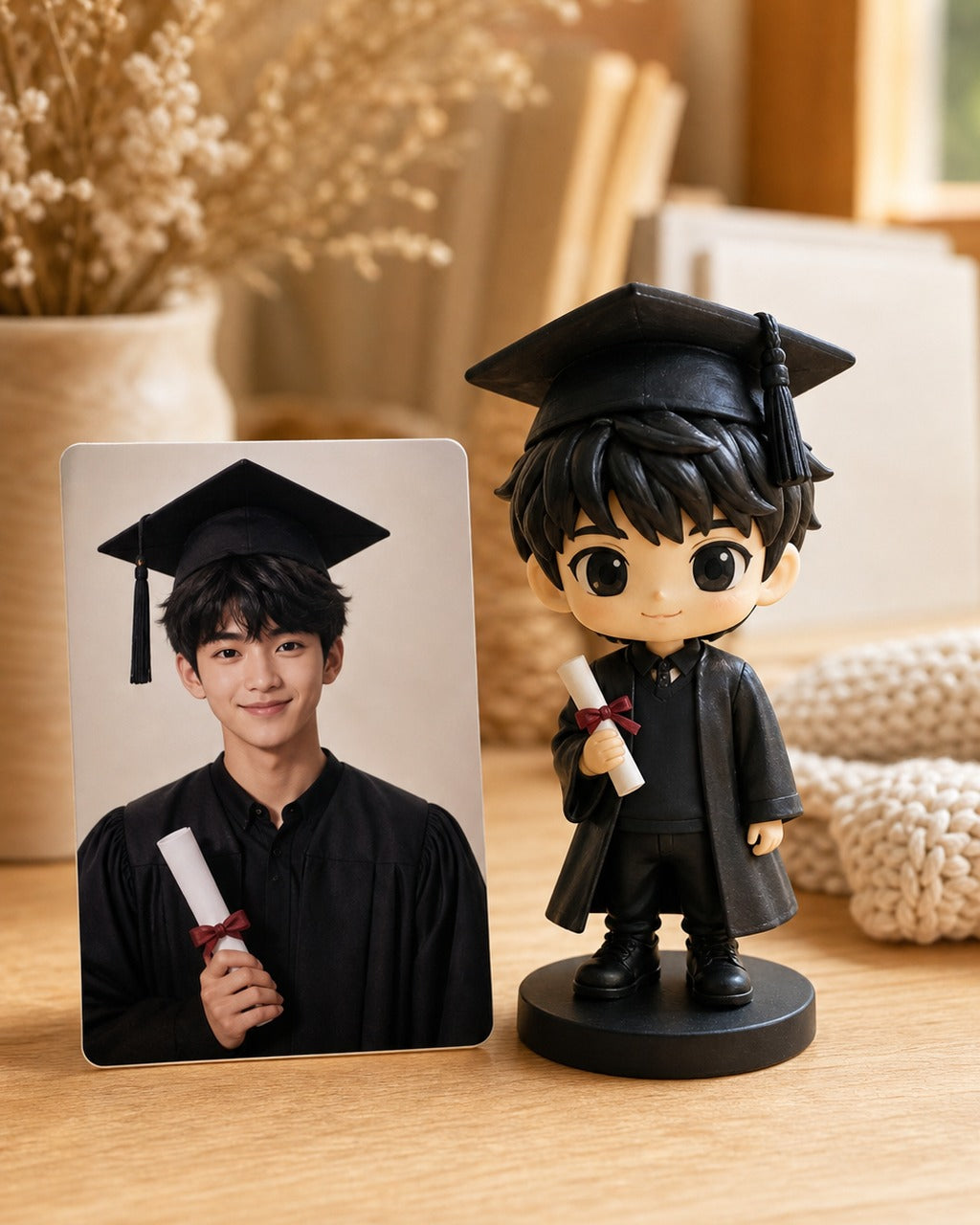 Custom graduation chibi figurine in cap and gown beside the printed grad photo on a warm home table
