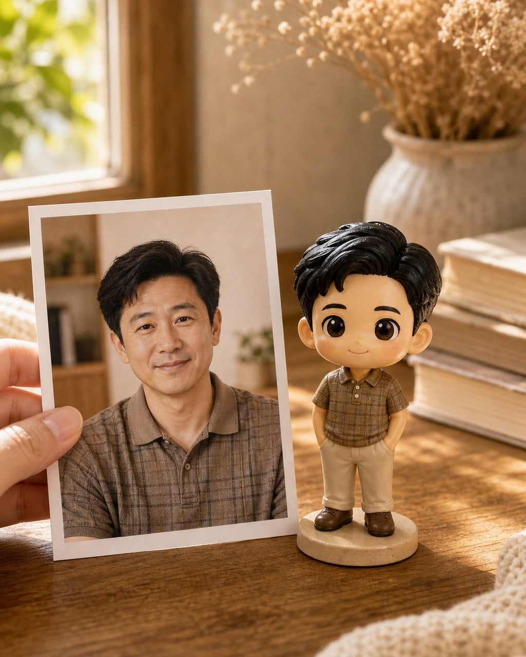 Custom chibi figurine of a dad made from a photo beside the printed photo on a warm home table