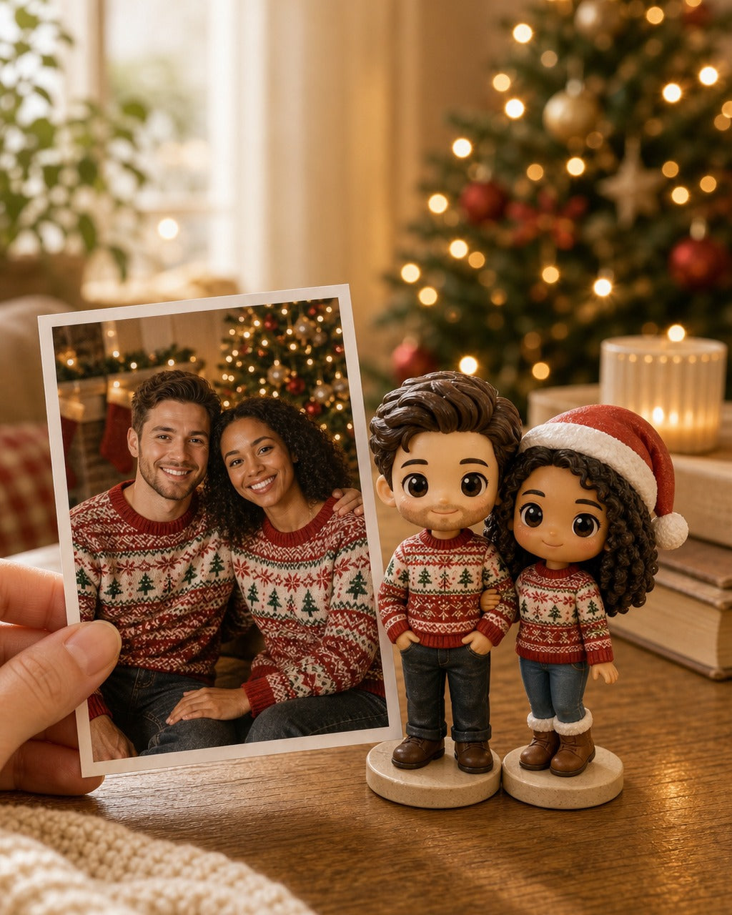 Custom Christmas chibi figurine made from a photo beside the printed photo on a warm home table