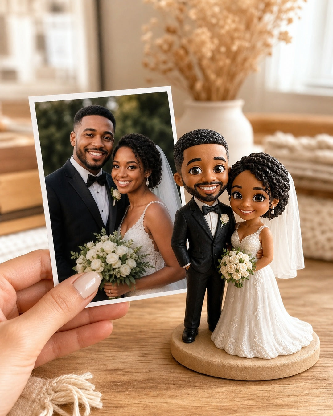 Custom wedding chibi figurine of bride and groom made from a photo on a warm home table
