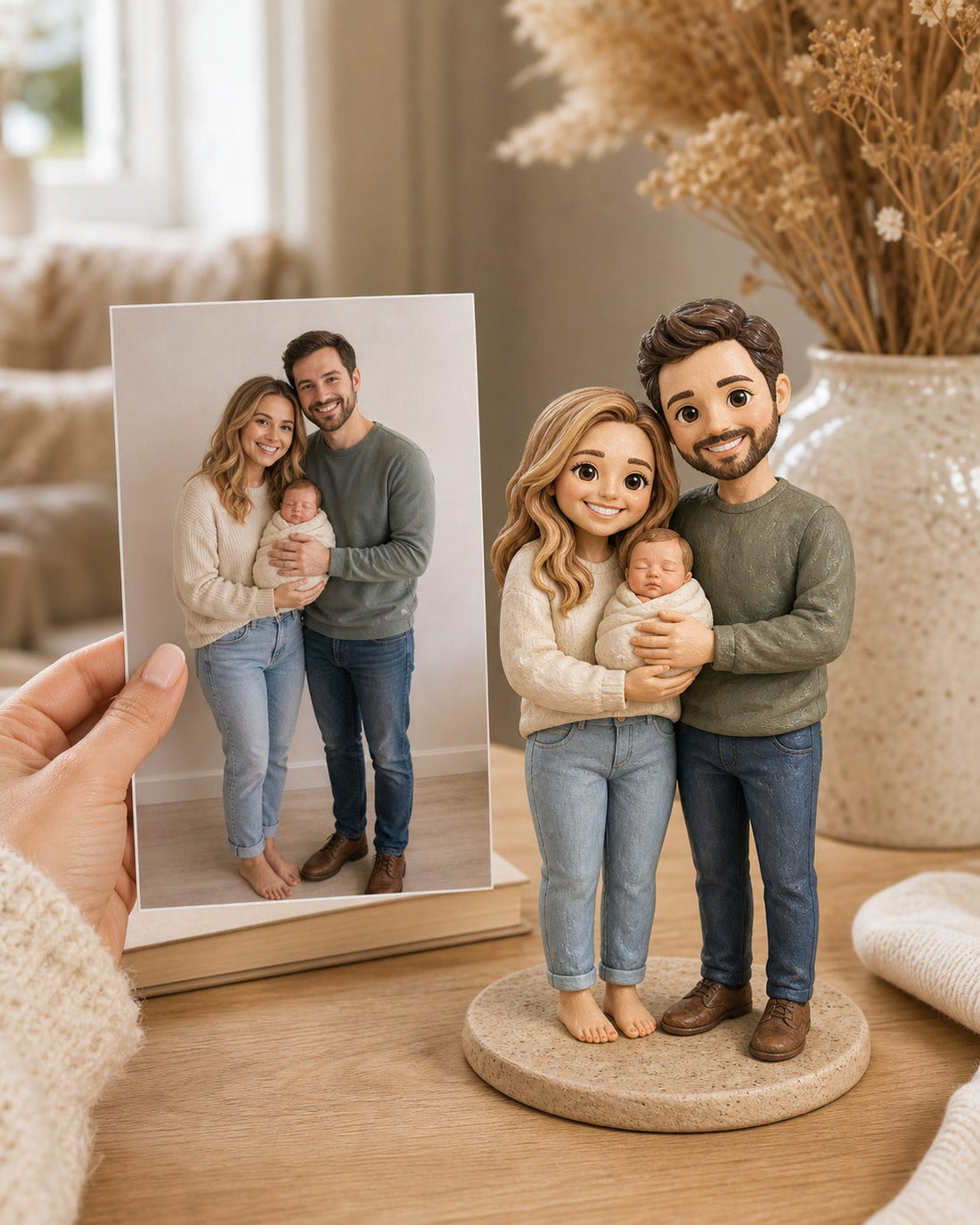 Custom new-family chibi figurine of parents and baby made from a photo on a warm home table
