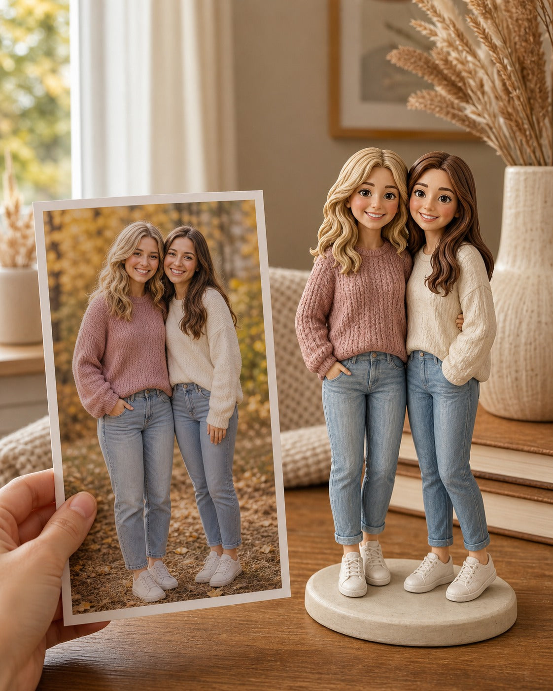 Two sisters turned into custom chibi figurines from a photo on a warm home table