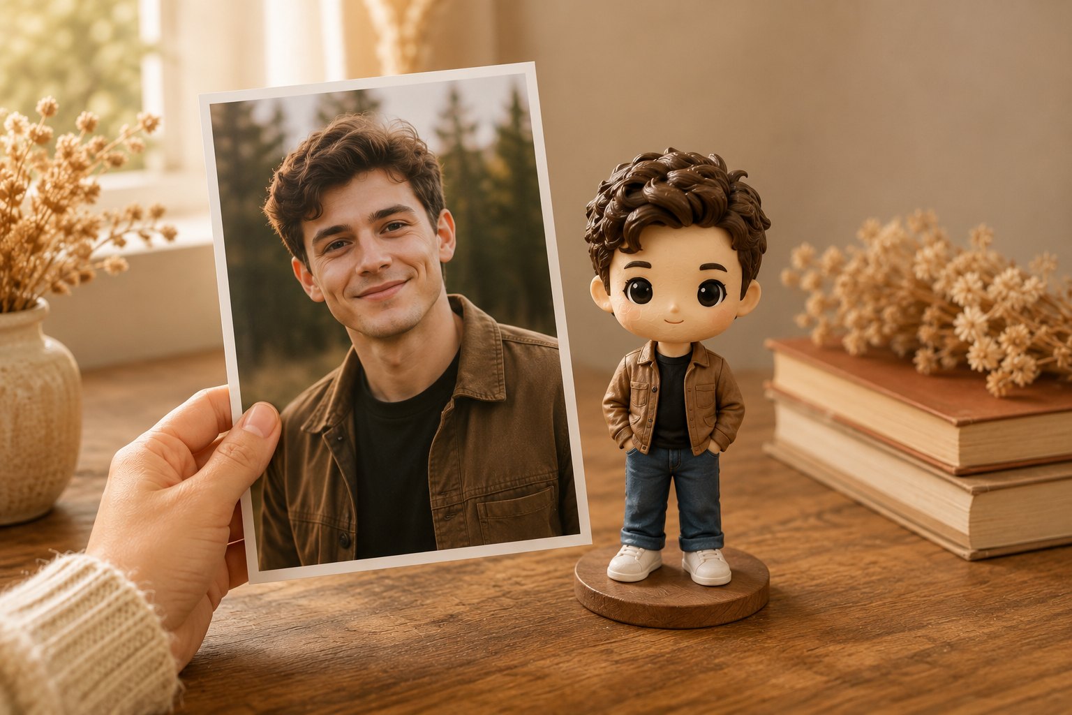 A hand holds a printed photo of a young man beside his matching custom WishFigure chibi figurine on a warm home table