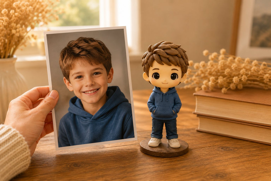 A hand holds a printed photo of a boy beside his matching custom WishFigure chibi figurine on a warm home table