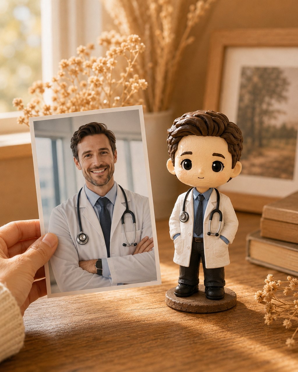 A hand holds a printed photo of a doctor in a white coat beside their matching custom WishFigure chibi figurine on a warm home table