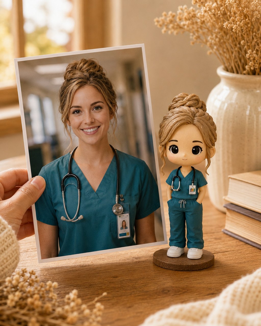 A hand holds a printed photo of a nurse in scrubs beside her matching custom WishFigure chibi figurine on a warm home table