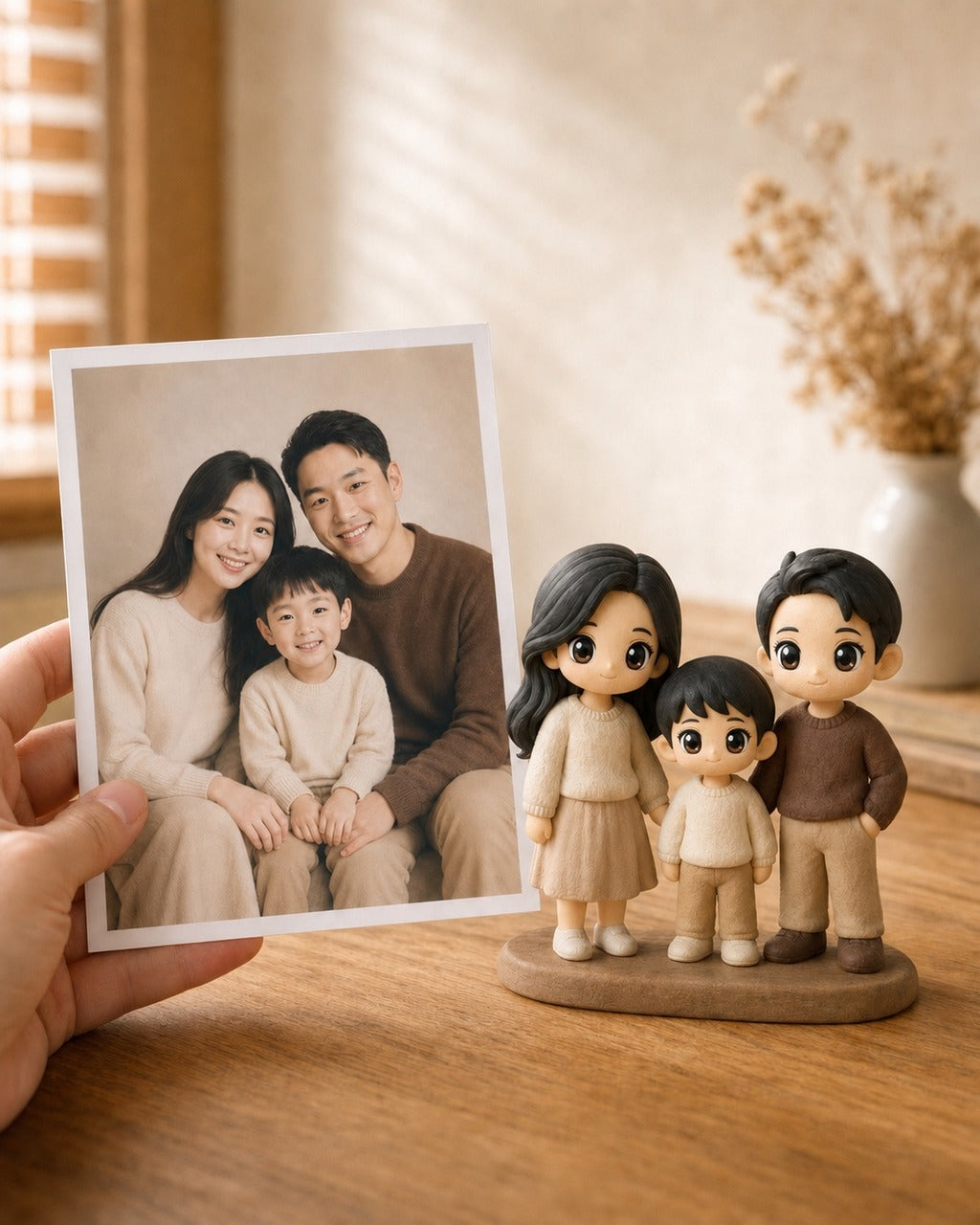A hand holds a printed family photo beside a matching custom WishFigure chibi family figurine on a warm home table
