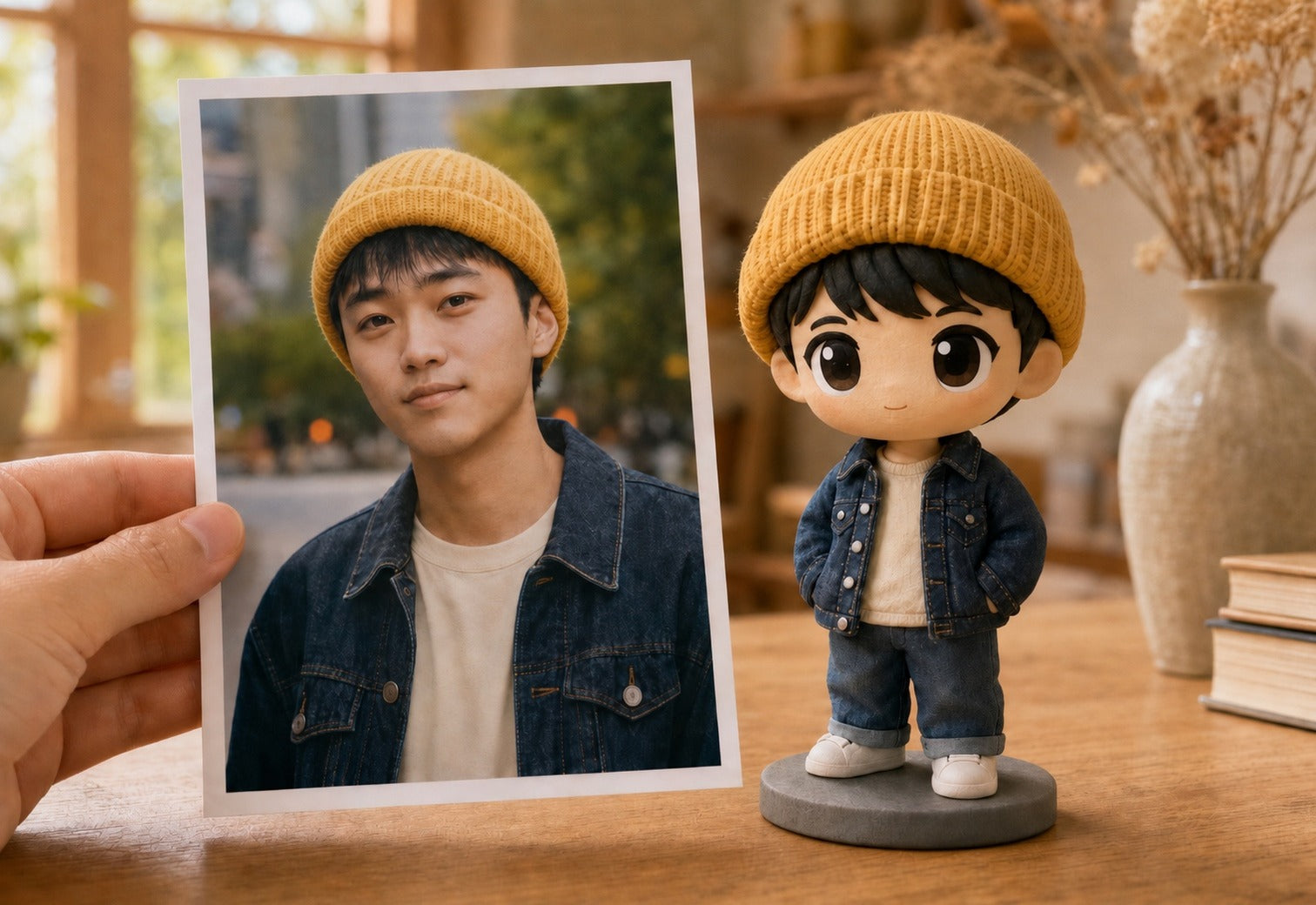 A hand holds a printed photo beside a matching custom WishFigure chibi figurine on a warm home table