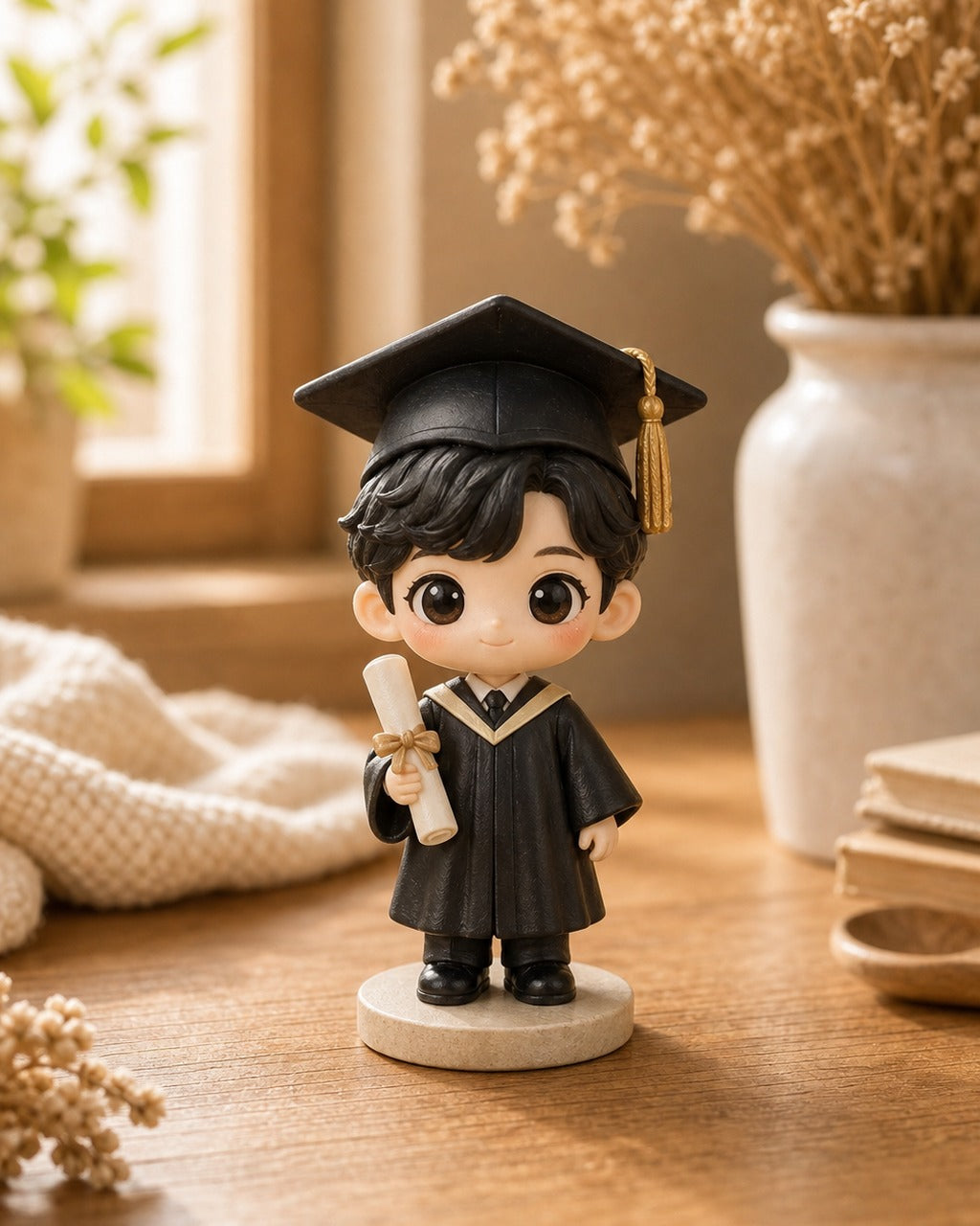 Custom graduation chibi figurine in cap and gown with a diploma on a warm home desk