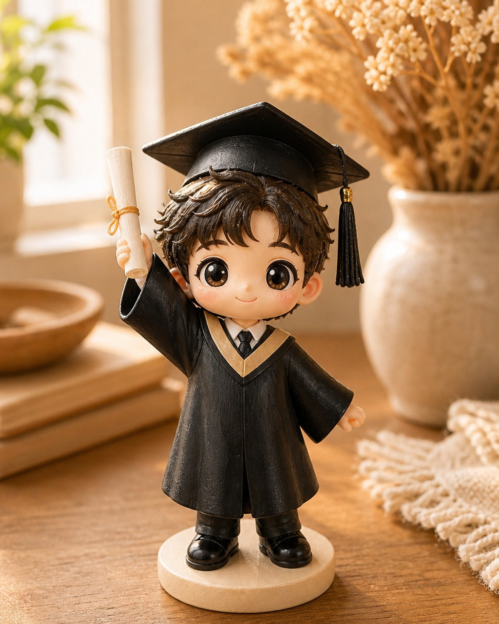 Custom graduation chibi figurine from a photo on a warm home shelf with soft daylight