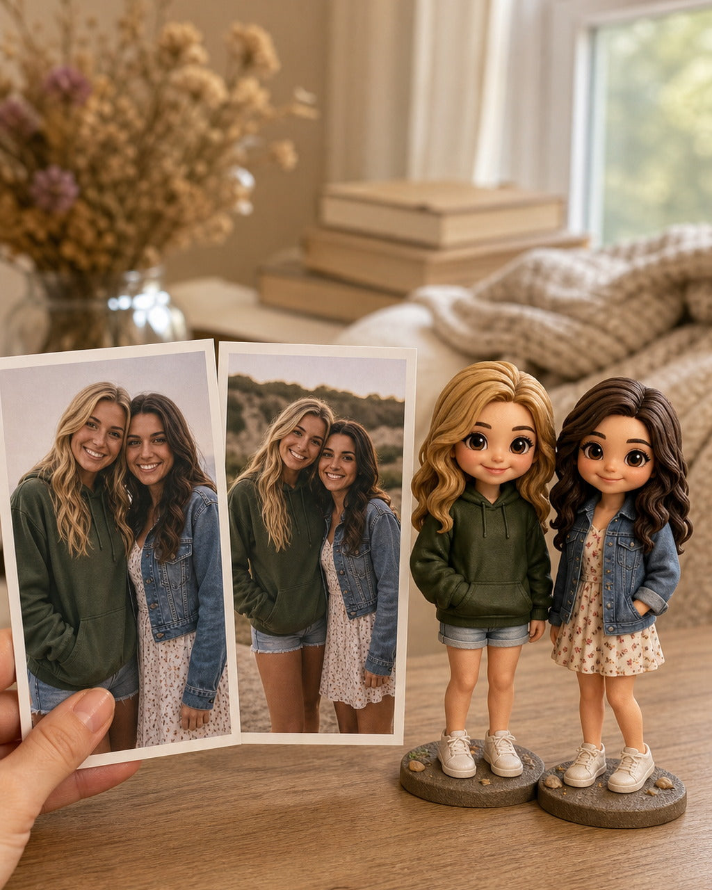 Two best friends turned into custom chibi figurines from a photo, beside the printed photo on a warm home table