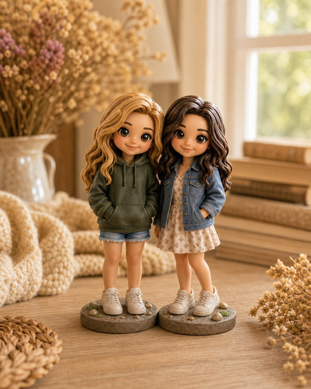 Two best friend chibi figurines made from photos on a warm home shelf