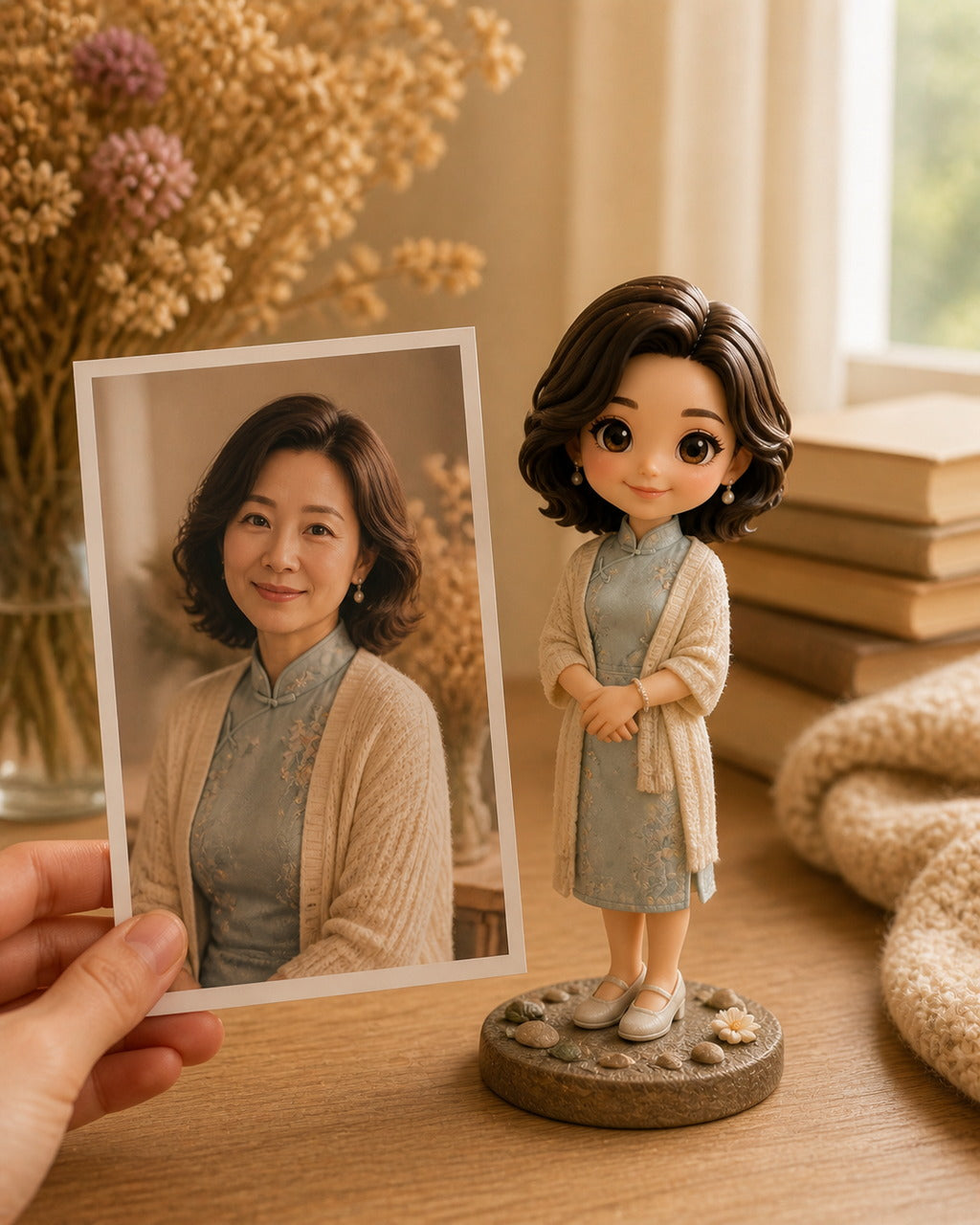 Custom chibi figurine of a mom made from a photo, beside the printed photo it was based on, on a warm home table