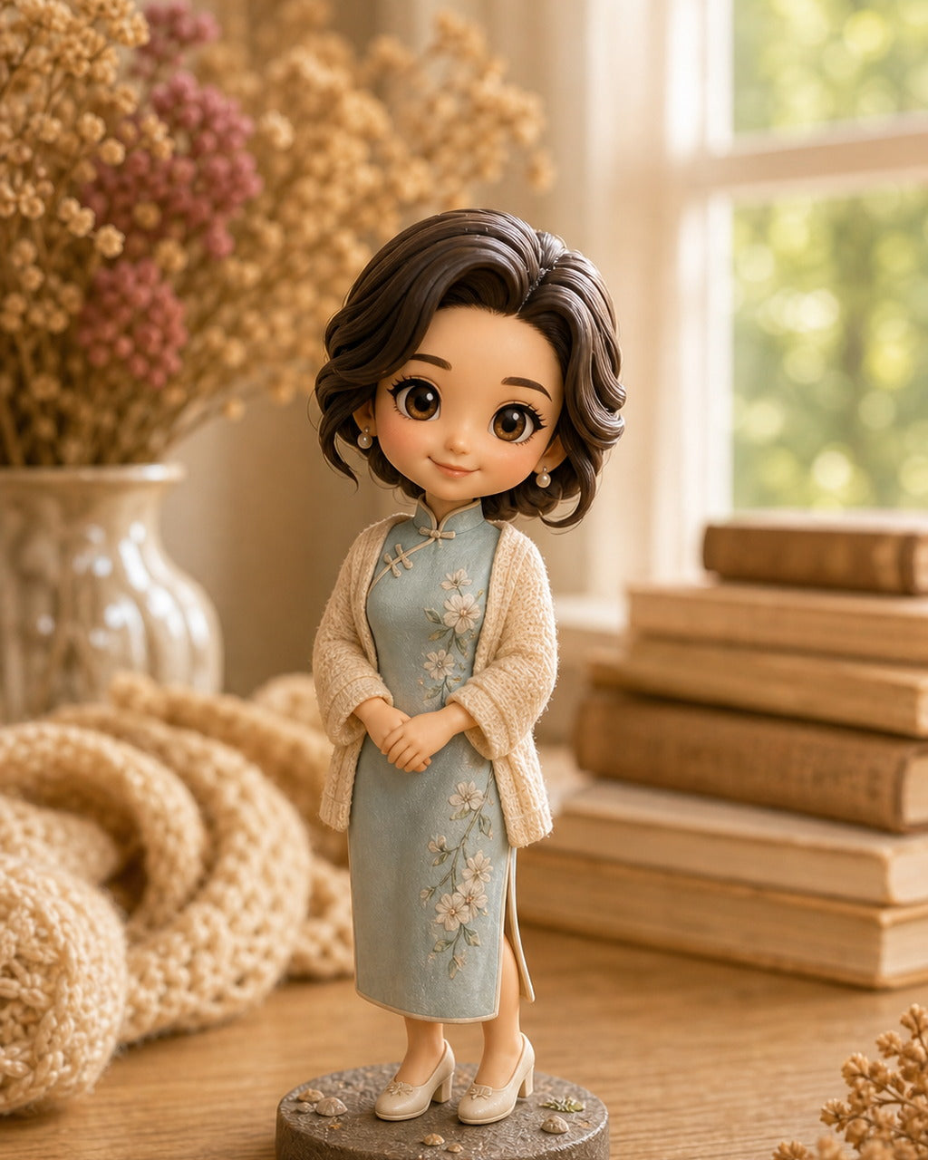 Custom chibi figurine of a mom in an elegant outfit on a warm home shelf