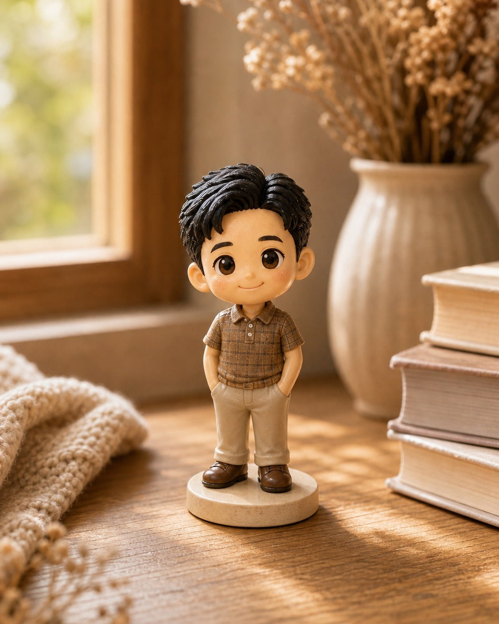 Custom chibi figurine of a dad in a casual everyday outfit on a warm home shelf