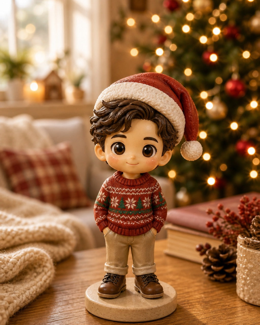 Custom Christmas chibi figurine in a holiday sweater on a warm home shelf with festive decor