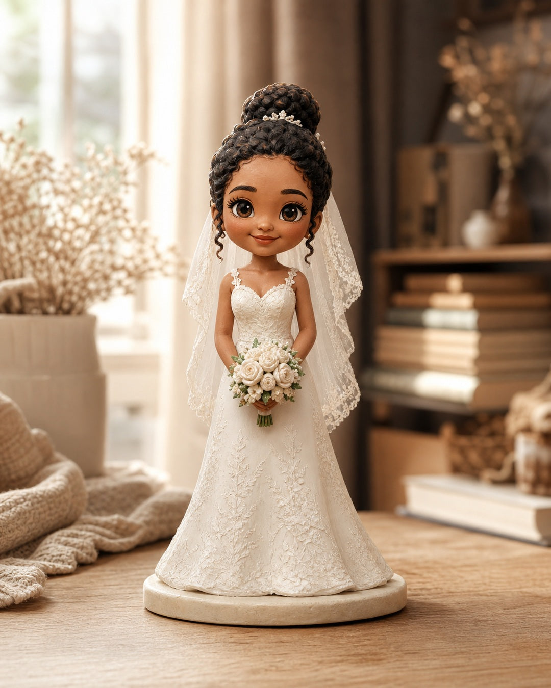 Custom bride chibi figurine in a white wedding dress with a bouquet on a warm home shelf
