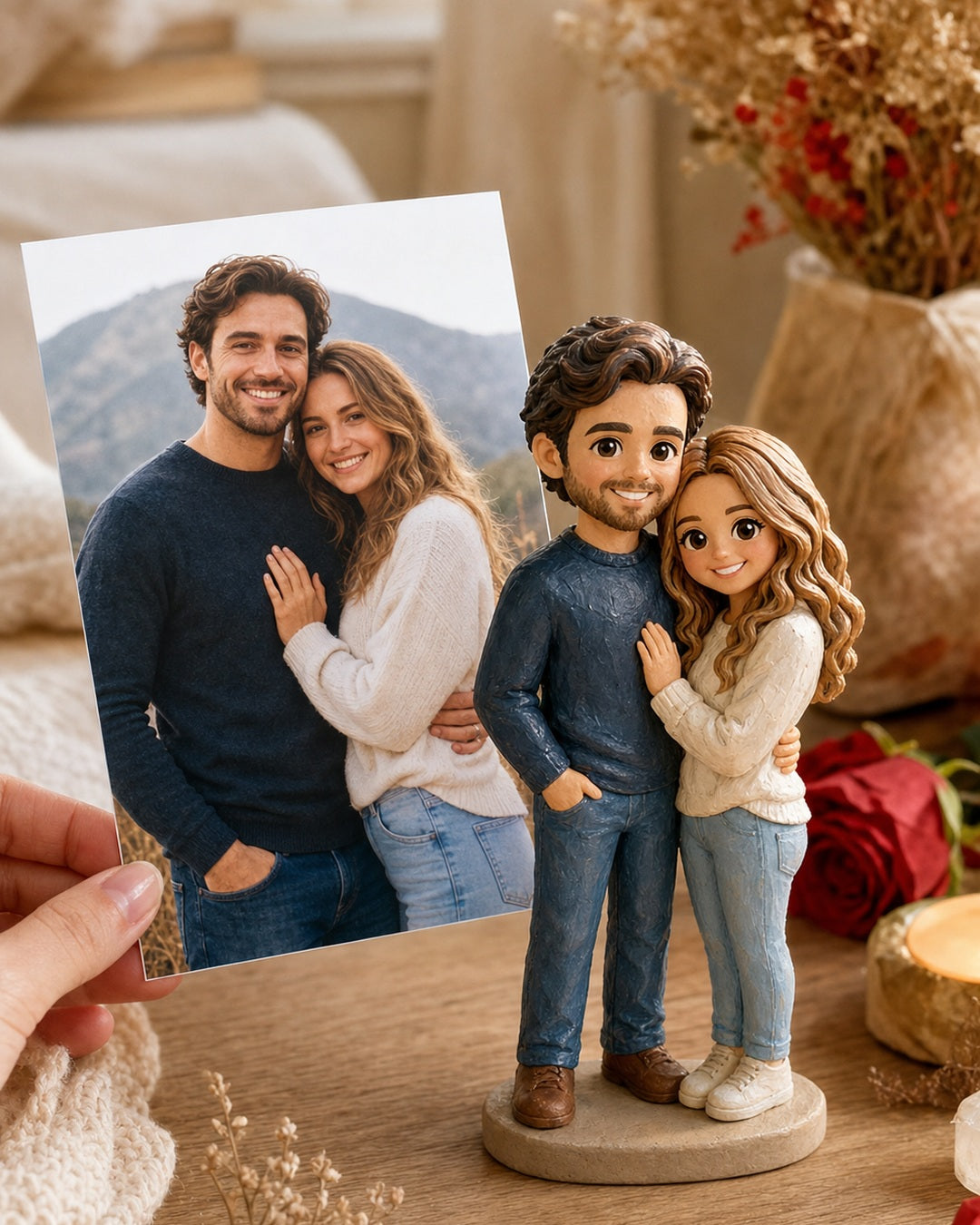 Custom couple chibi figurines for Valentine's Day made from a photo, beside the printed photo on a warm home table