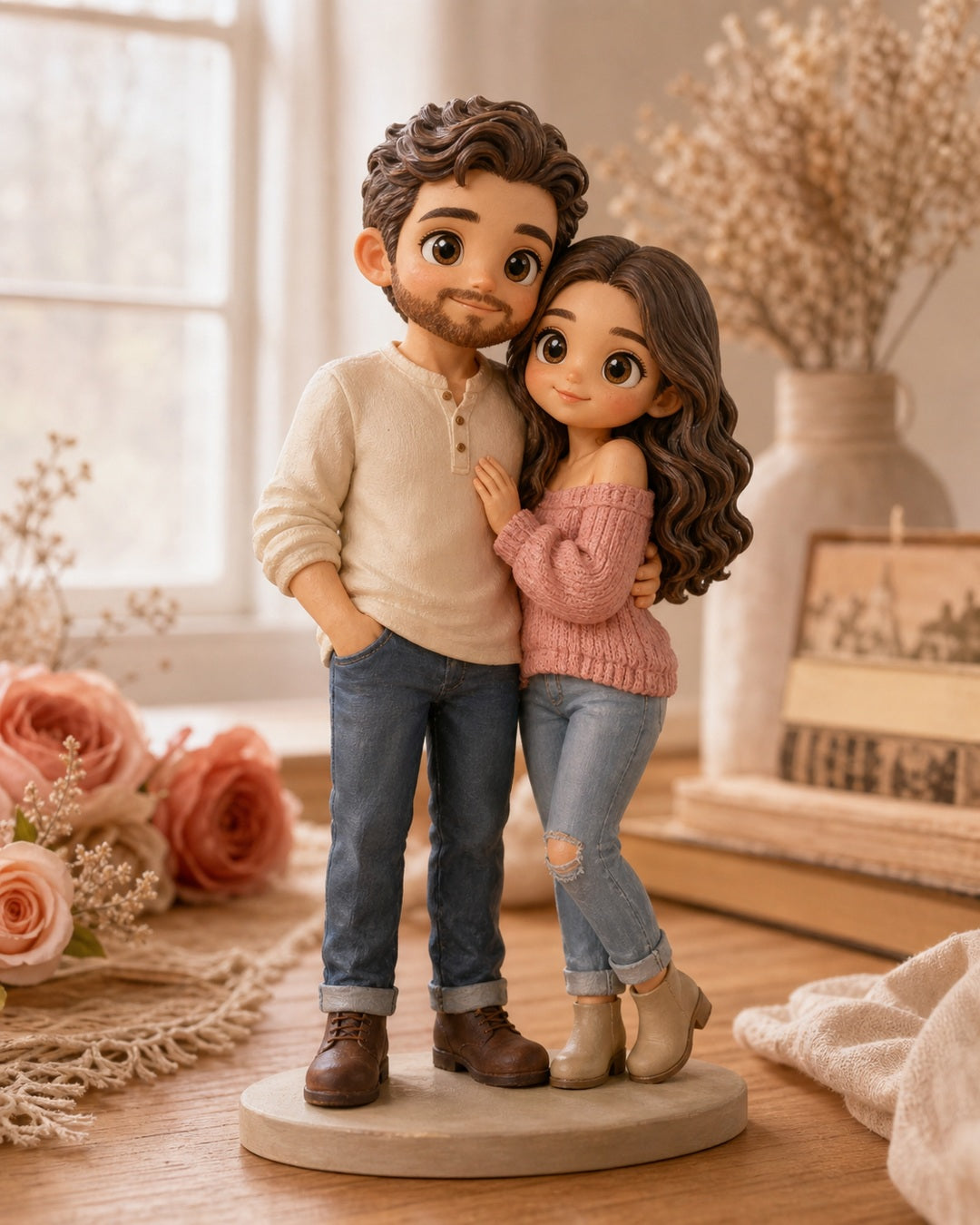 Custom couple chibi figurines on a warm home shelf with soft romantic light