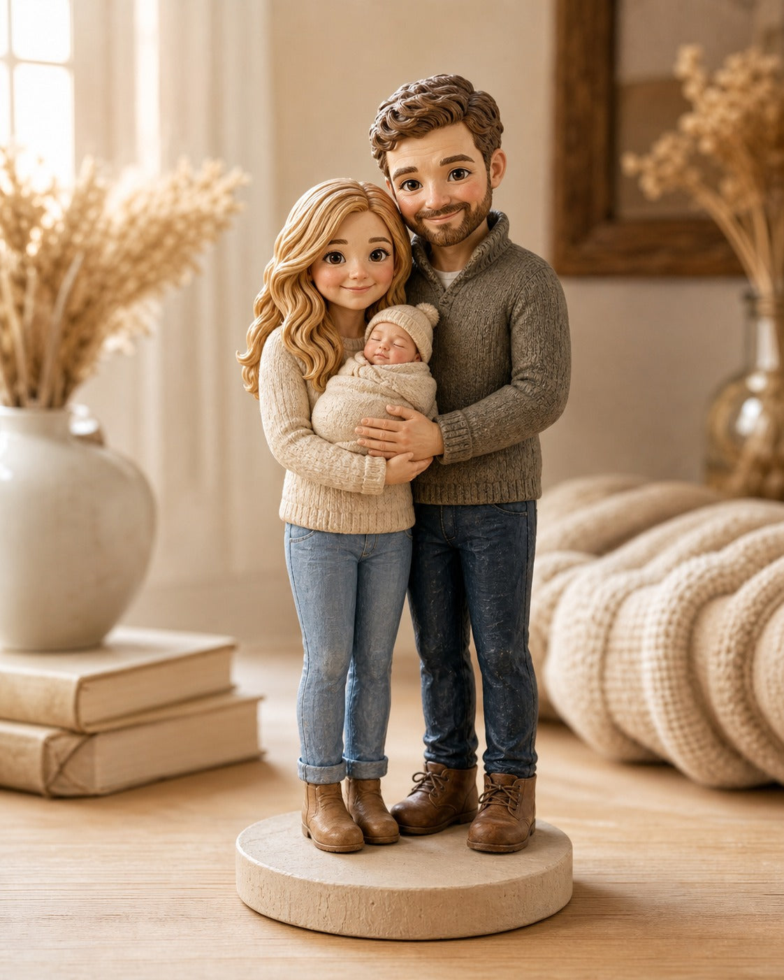 Custom chibi figurine of new parents with their baby on a warm home shelf