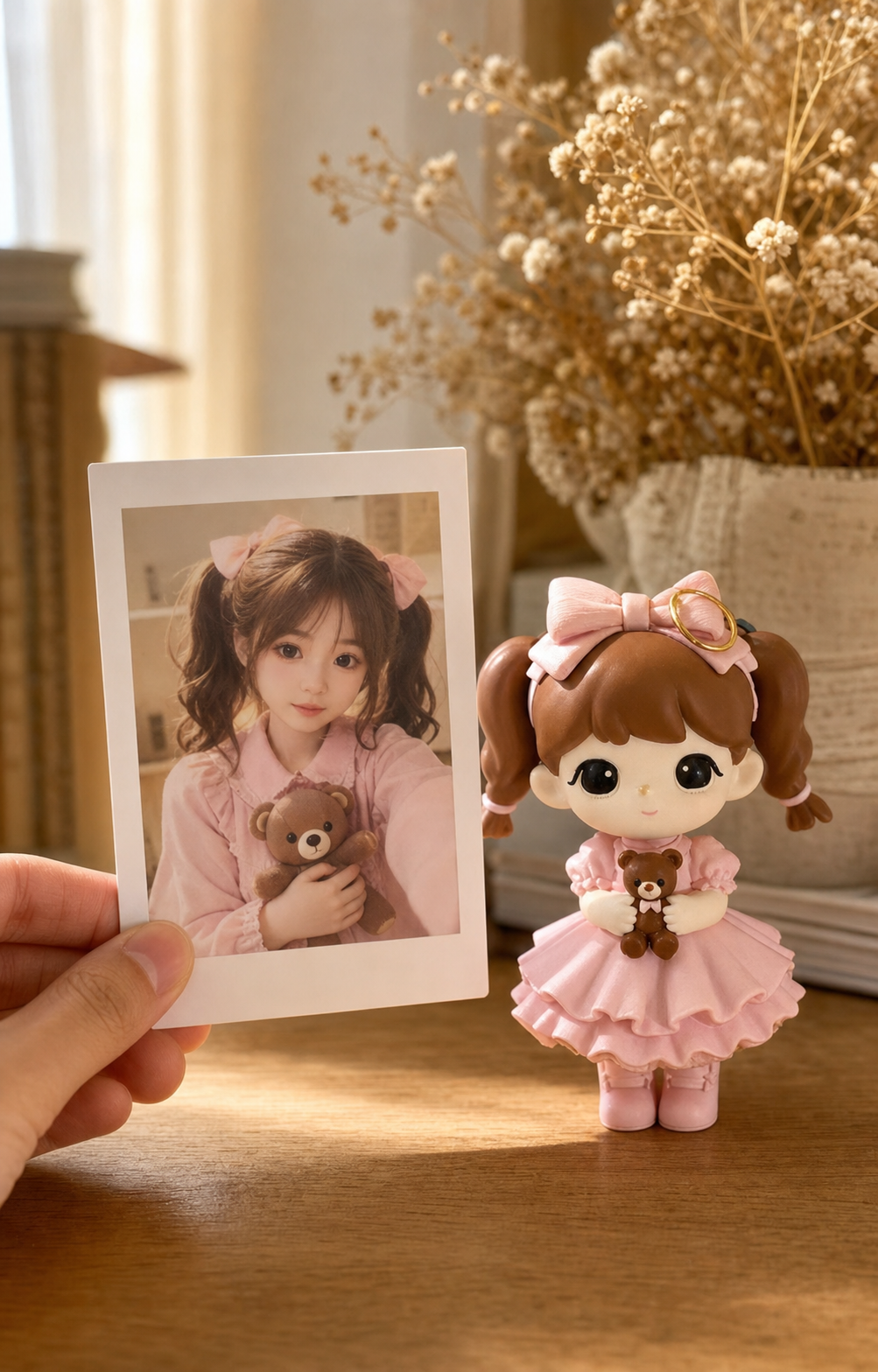 A hand holds a printed photo of a young woman in a pink dress beside her matching custom WishFigure chibi figurine on a warm home table