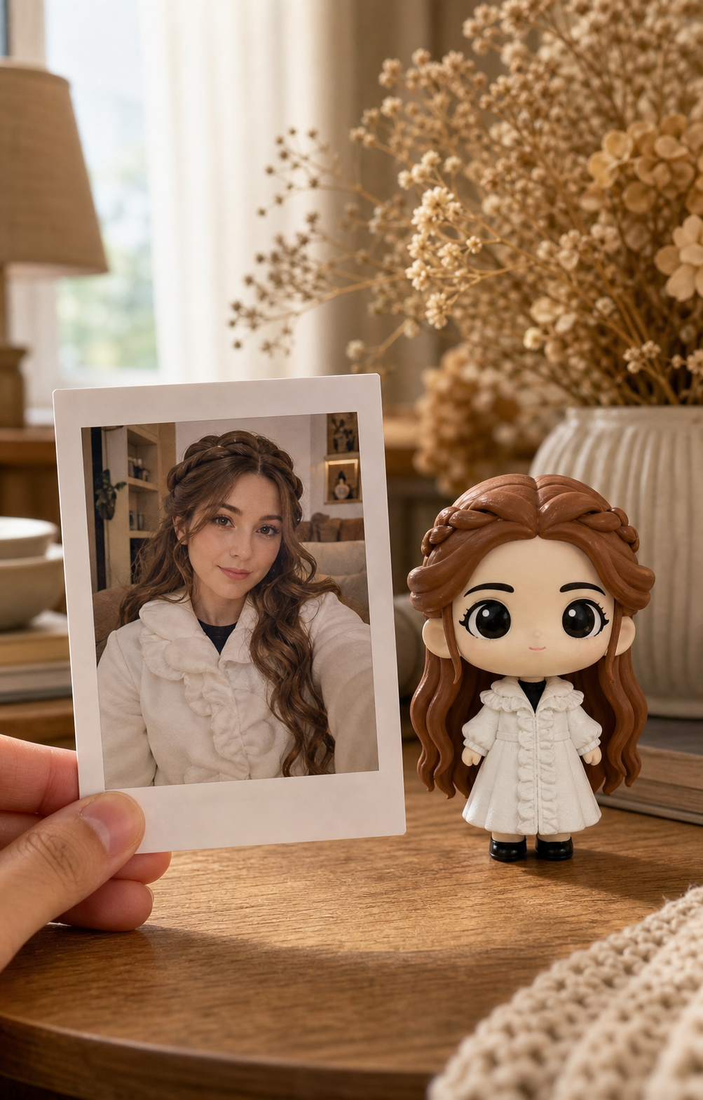 A hand holds a printed photo of a woman in a white coat beside her matching custom WishFigure chibi figurine on a warm home table