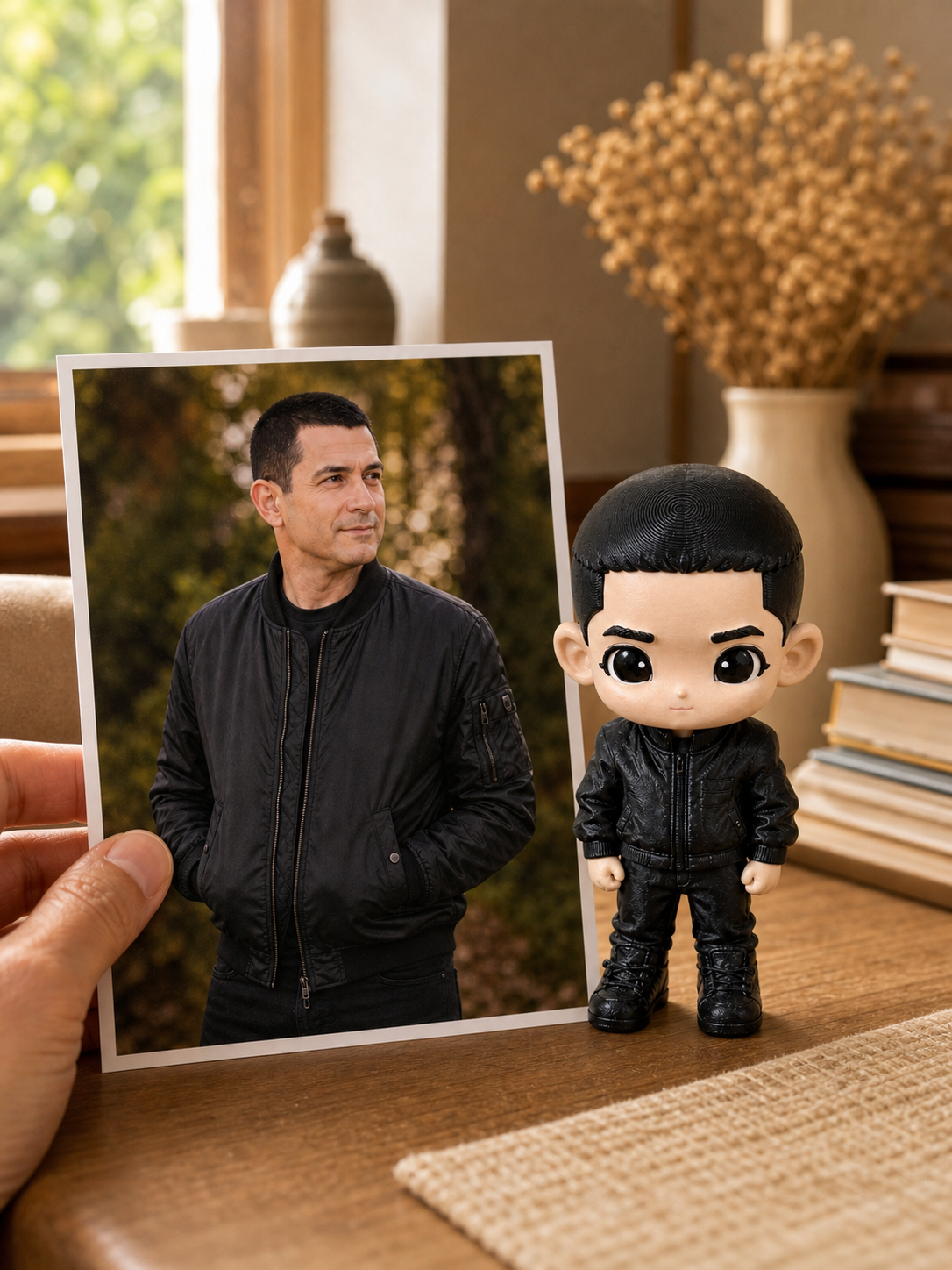 A hand holds a printed photo of a man in a black jacket beside his matching custom WishFigure chibi figurine on a warm home table
