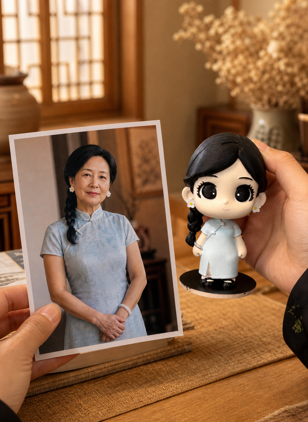 A hand holds a printed photo of an elegant grandmother in a qipao beside her matching custom WishFigure chibi figurine on a warm home table