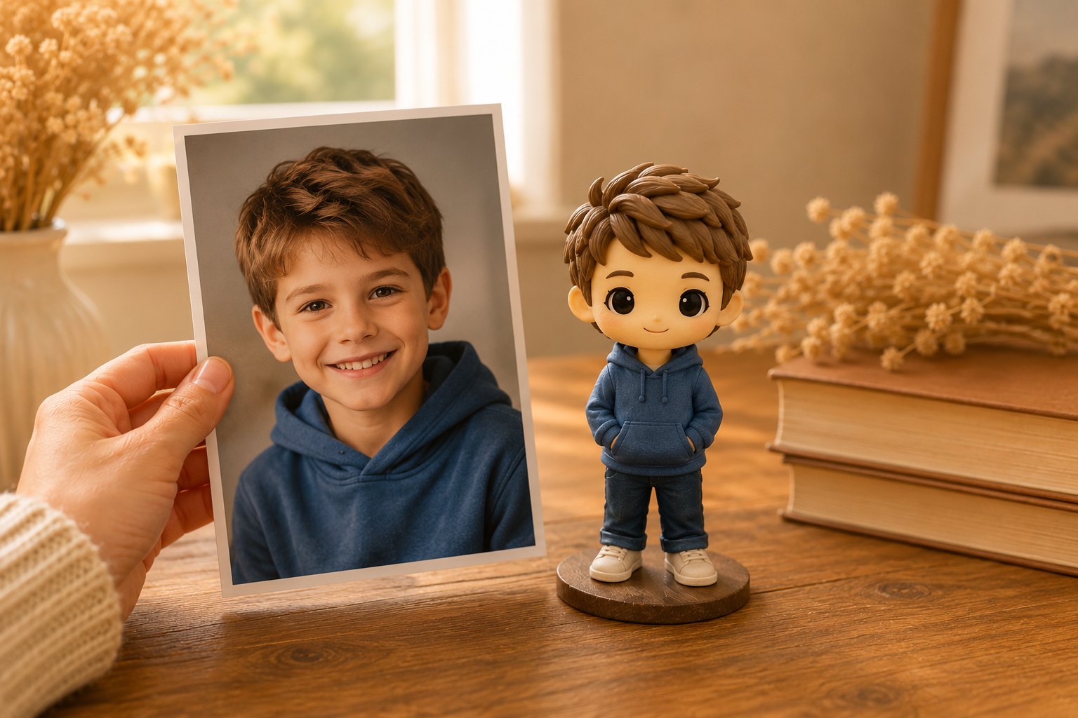 A hand holds a printed photo of a boy beside his matching custom WishFigure chibi figurine on a warm home table