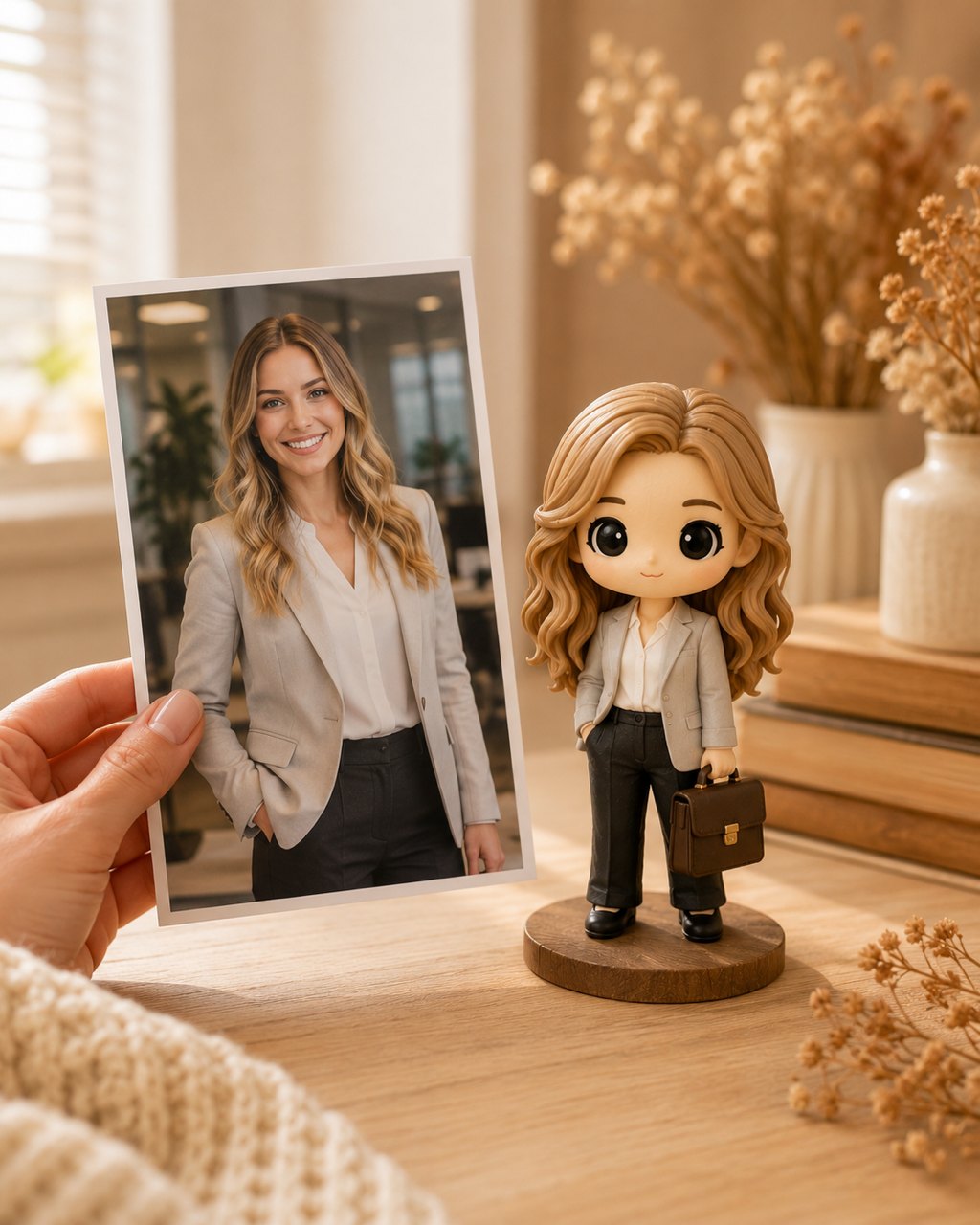 A hand holds a printed photo of a professional woman beside her matching custom WishFigure chibi figurine on a warm home table
