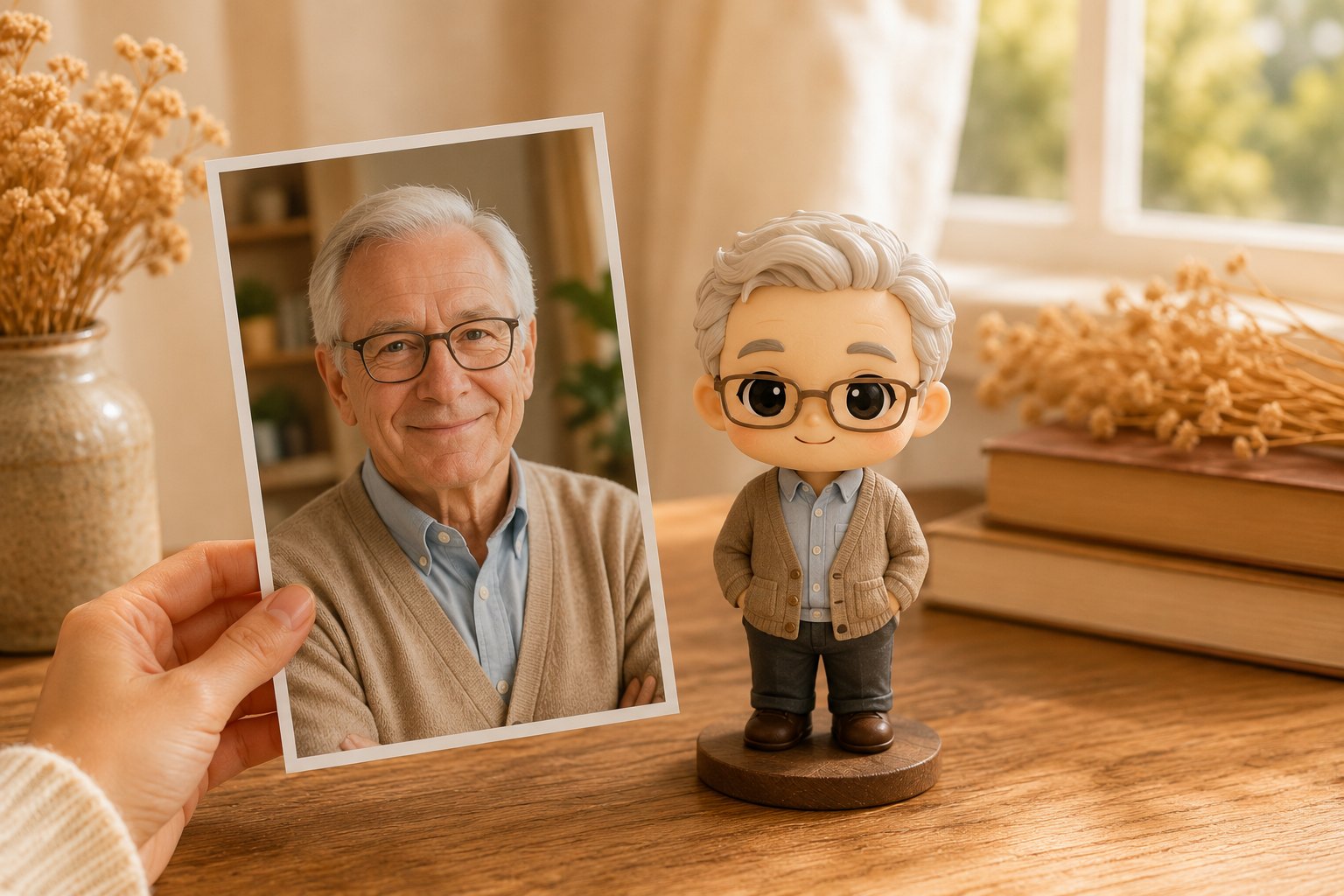 A hand holds a printed photo of an elderly man beside his matching custom WishFigure chibi figurine on a warm home table