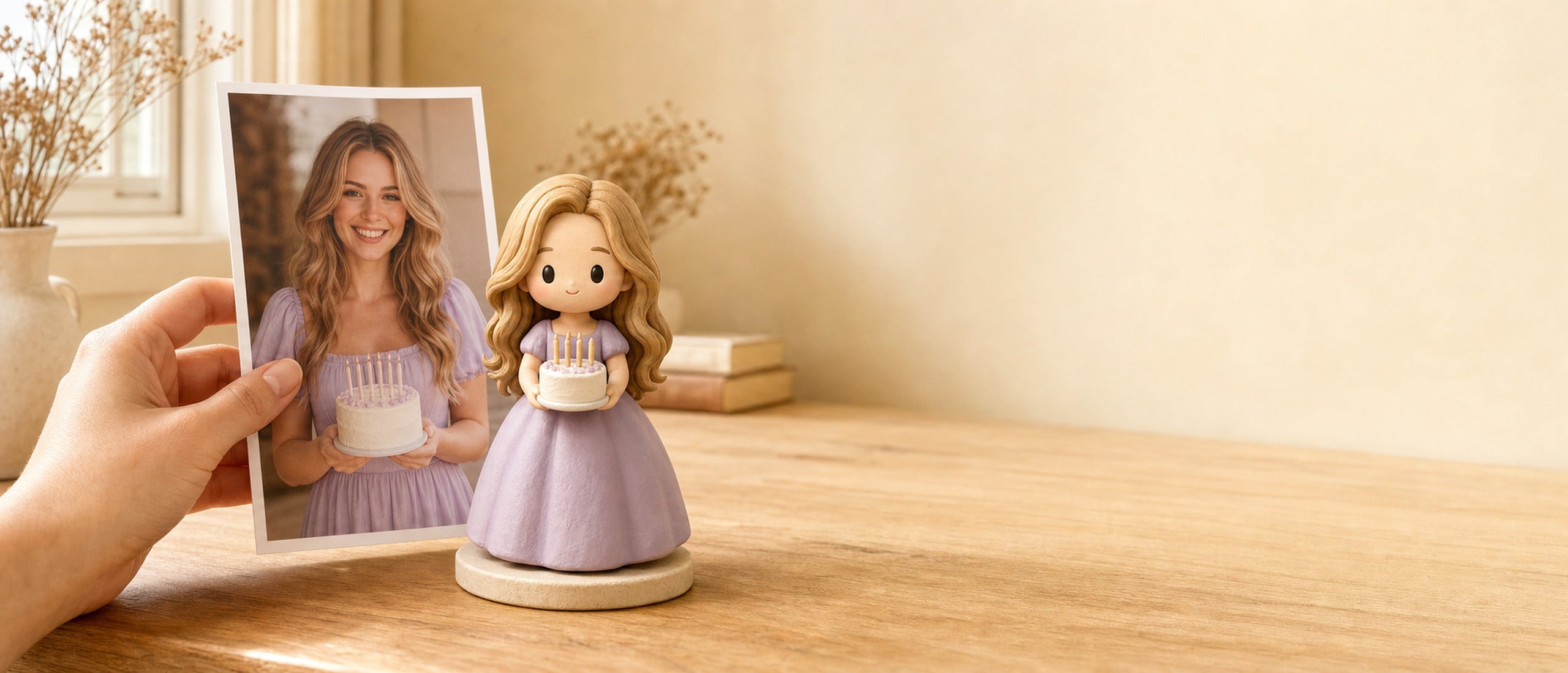 A hand holds a printed photo of an American woman beside her custom WishFigure chibi birthday figurine — birthday gift