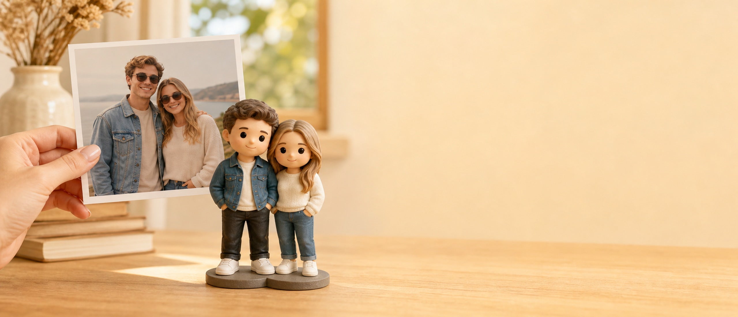 A hand holds a printed photo of an American couple beside their custom WishFigure chibi couple figurines — personalized couple gift