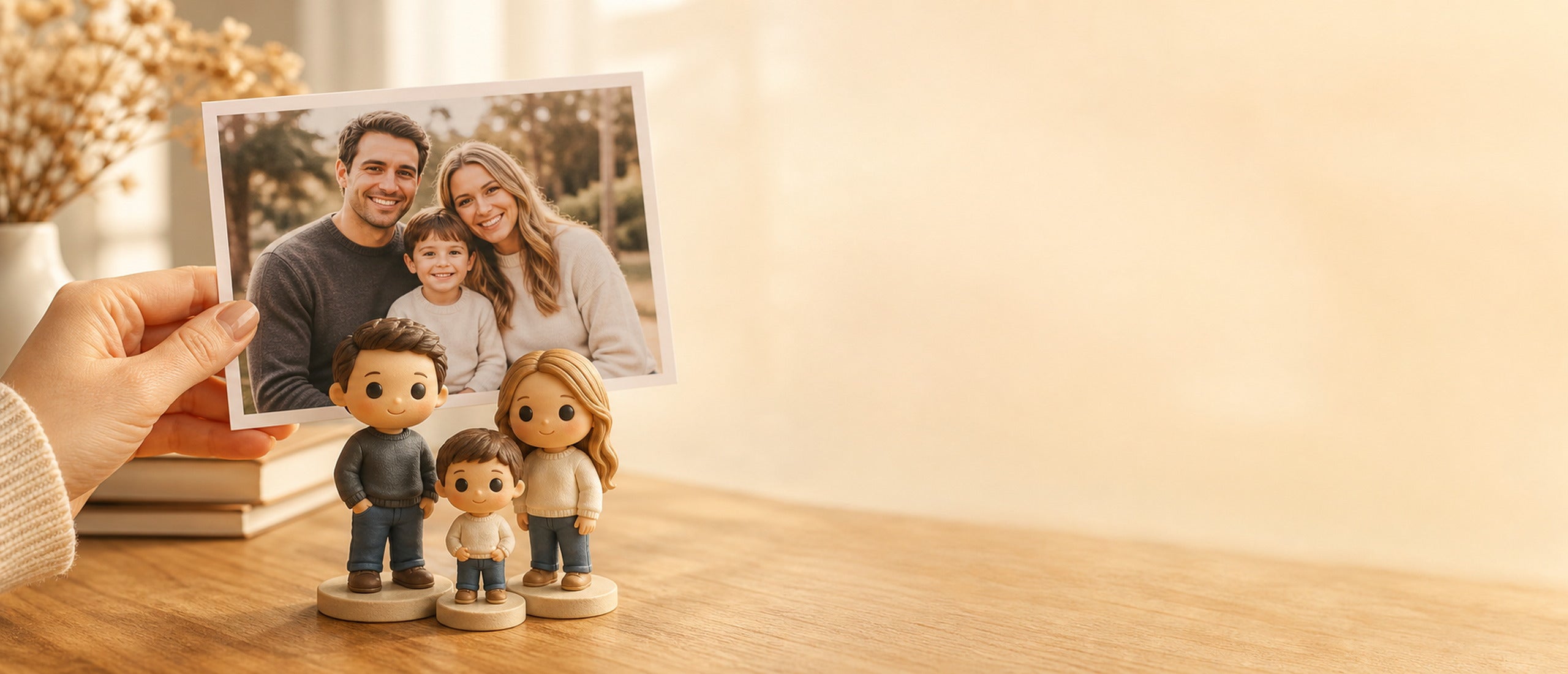 A hand holds a printed photo of an American family beside their custom WishFigure chibi family figurines — family keepsake gift