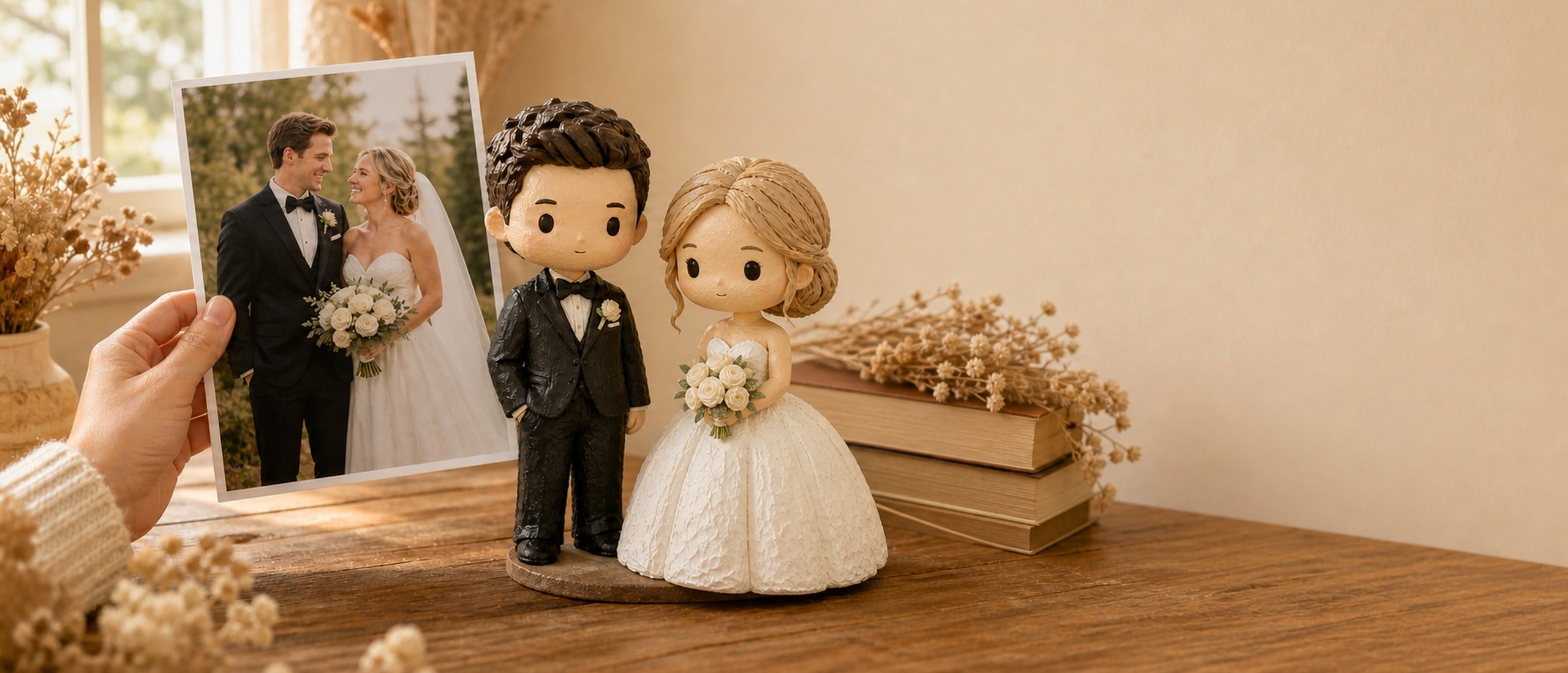 A hand holds a printed wedding photo of an American bride and groom beside their custom hand-painted WishFigure chibi wedding figurines — send a photo, get a real chibi figurine