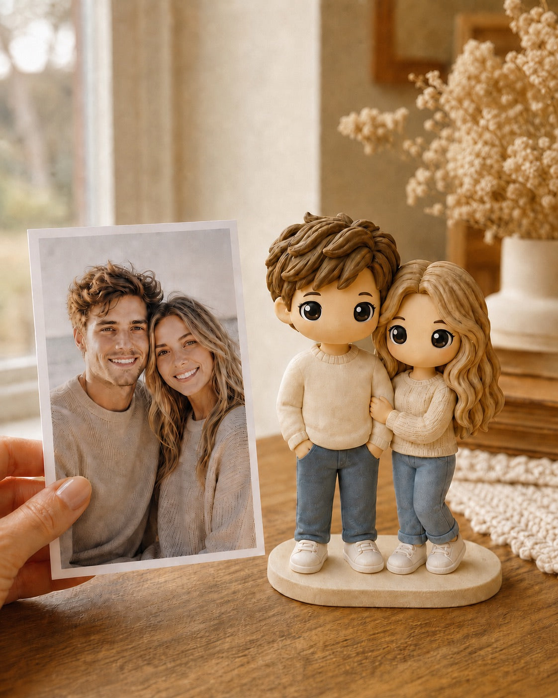 A hand holds a printed couple photo beside their matching custom WishFigure chibi couple figurines