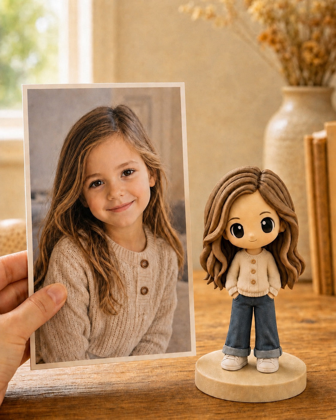 A hand holds a printed photo of a person beside their matching custom WishFigure chibi figurine