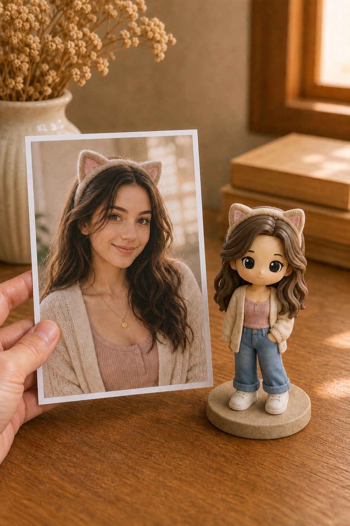 A hand holds a printed photo beside the matching custom WishFigure chibi figurine
