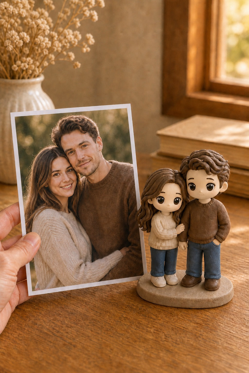 A hand holds a printed couple photo beside the matching custom WishFigure chibi couple figurines