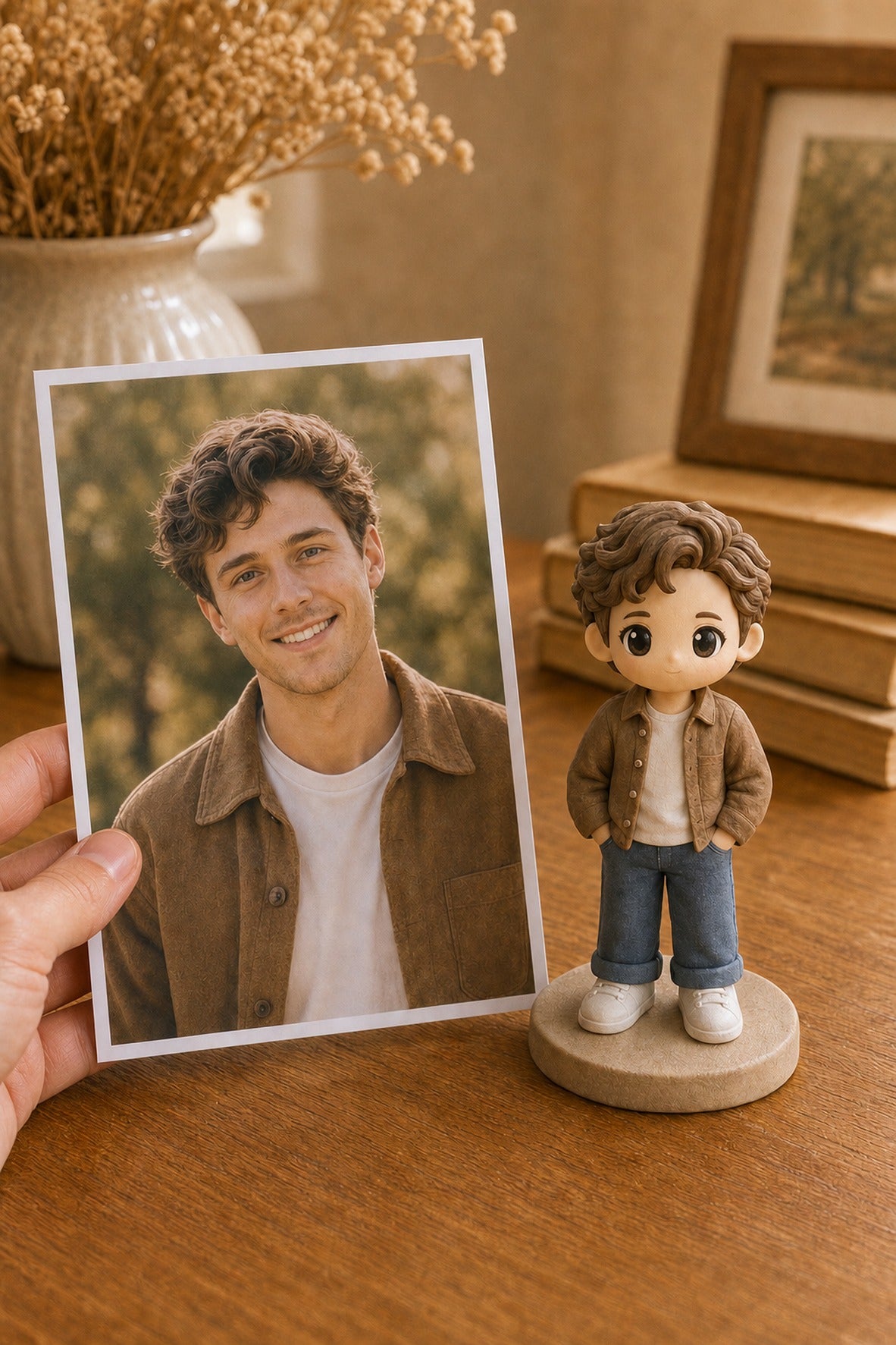 A hand holds a printed photo beside the matching custom WishFigure chibi display figurine