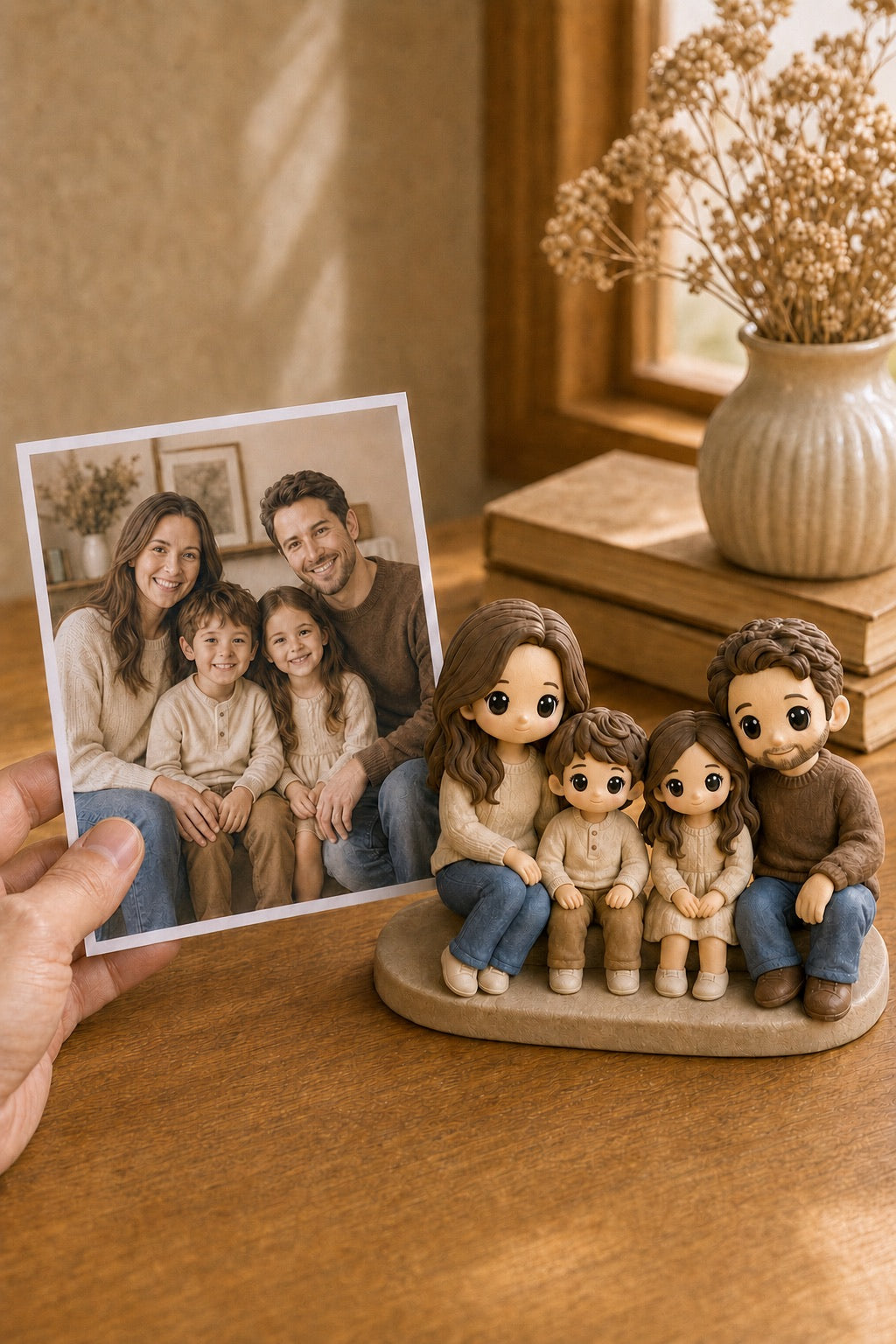 A hand holds a printed family photo beside the matching custom WishFigure chibi family figurines