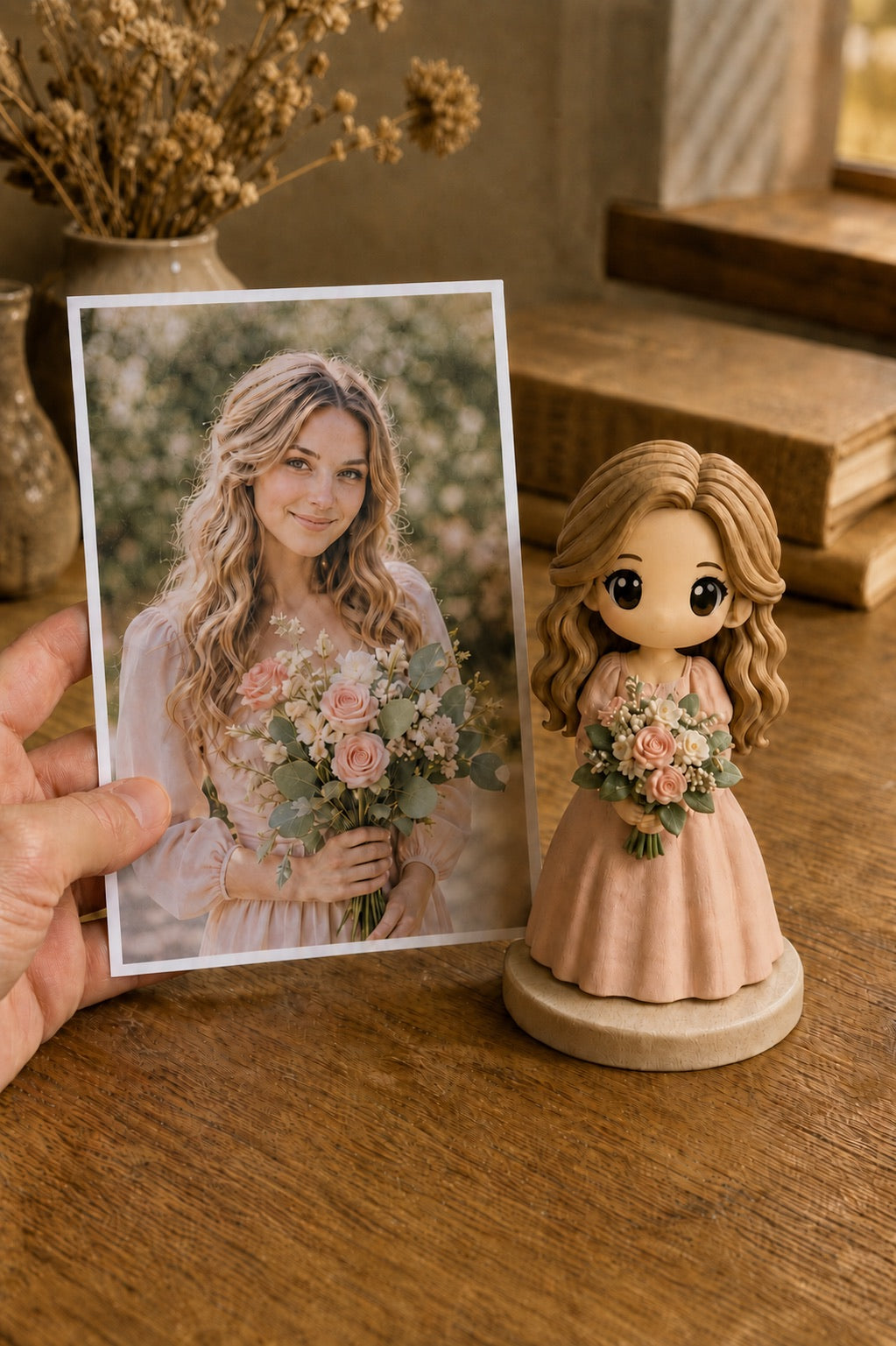 A hand holds a printed single portrait photo beside the matching custom WishFigure chibi figurine