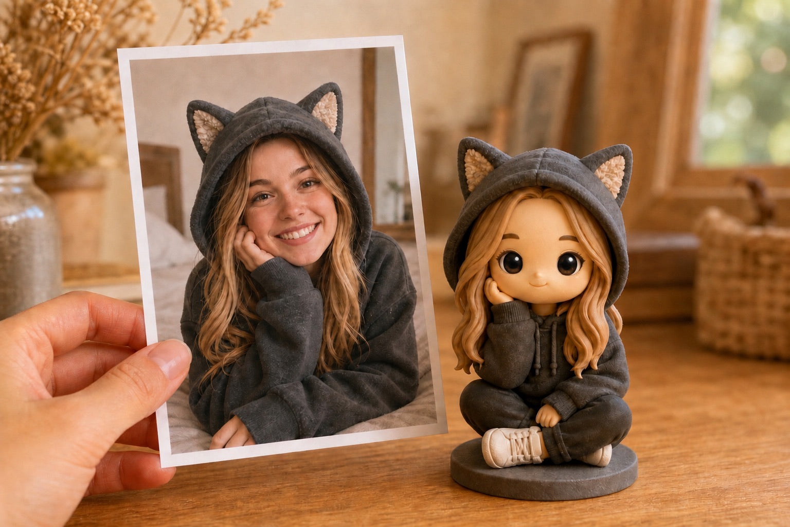 A hand holds a printed photo of a woman in a cat-ear hoodie beside her matching custom WishFigure chibi figurine