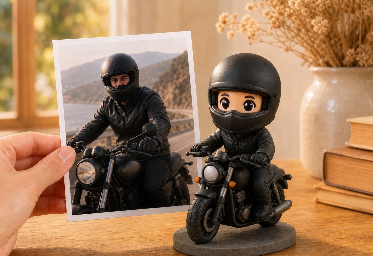 A hand holds a printed photo of a motorcycle rider beside the matching custom WishFigure chibi rider figurine