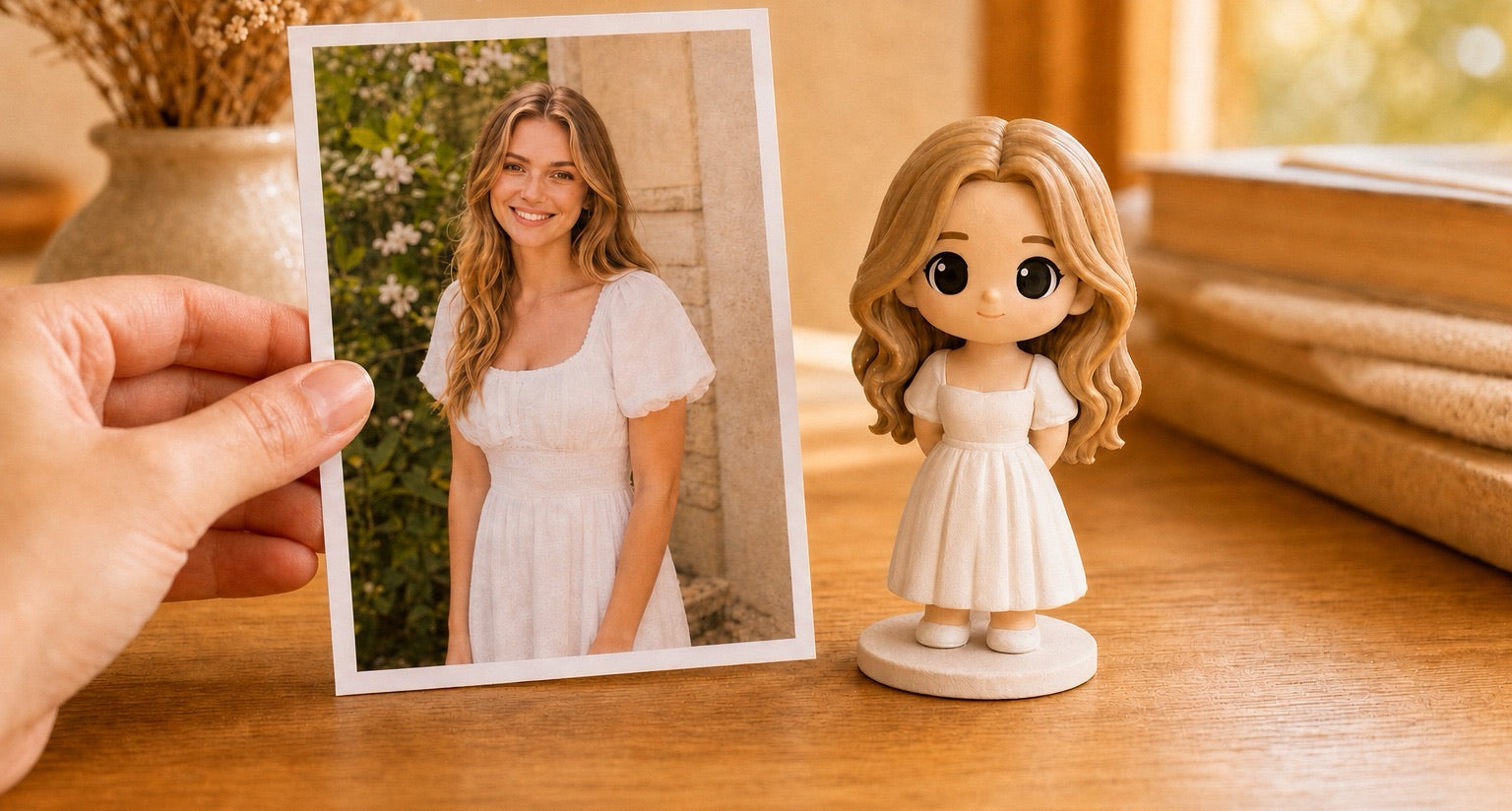 A hand holds a printed photo of a woman in a white dress beside her matching custom WishFigure chibi figurine