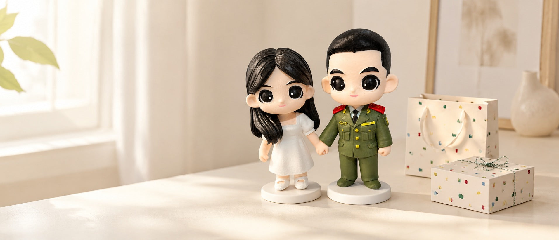 Premium custom 18cm chibi figurine displayed in a clean gift studio scene