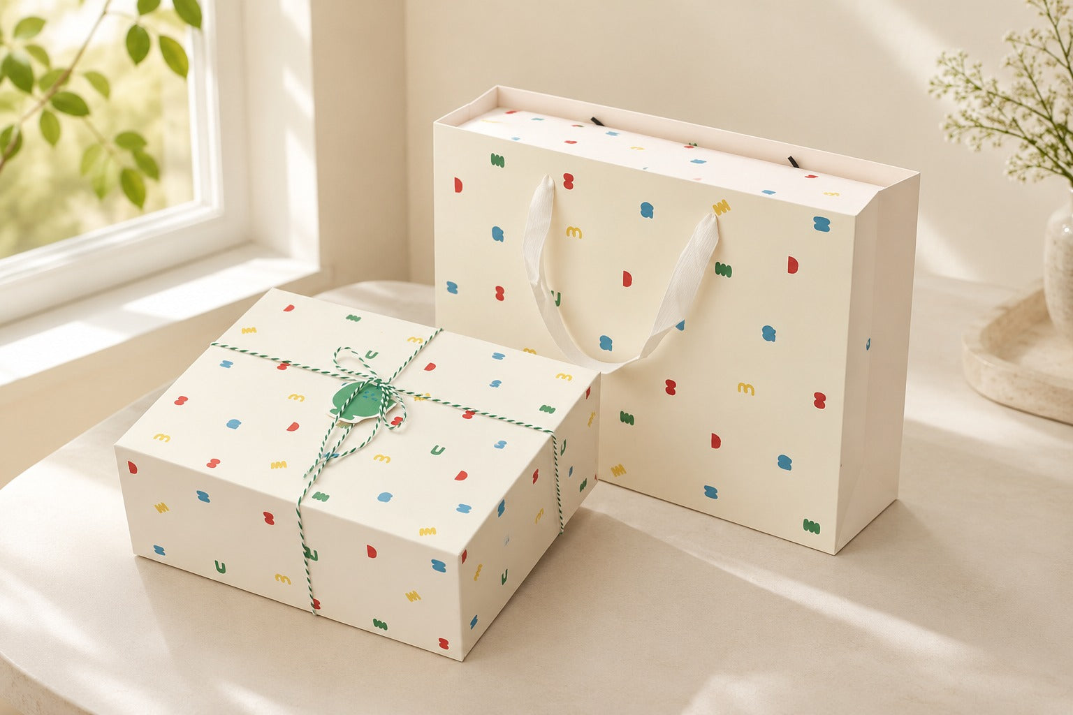 Approved WishFigure cream gift bag and matching gift box packaging without customer photo details
