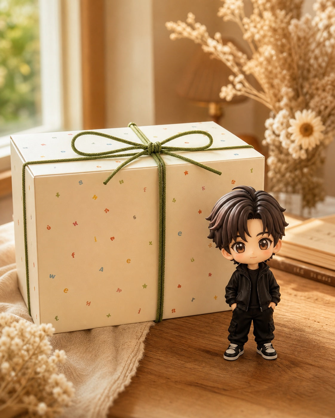 WishFigure cream gift-ready box with green cord beside a finished custom chibi figurine in a warm home setting