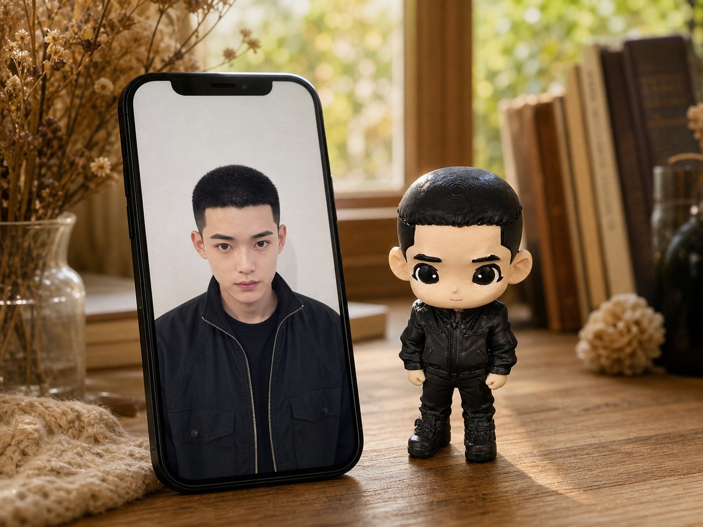 Phone showing a customer reference photo beside the finished custom chibi figurine made from it, in a warm home setting